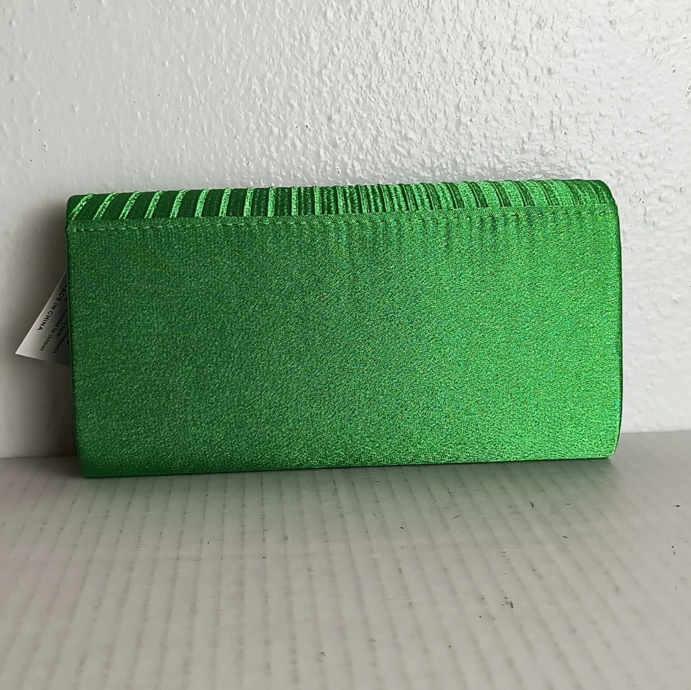 Green Shimmering Satin Evening Clutch Bag Pleated Snap Closure Faux Rhinestone